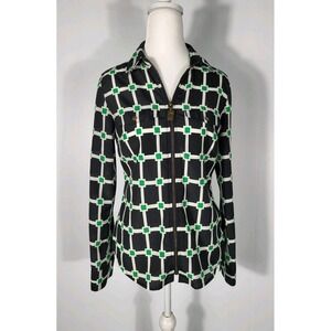 Michael Kors Blouse Size XS Women Navy Green Geometric Zip Front‎ Long Sleeve